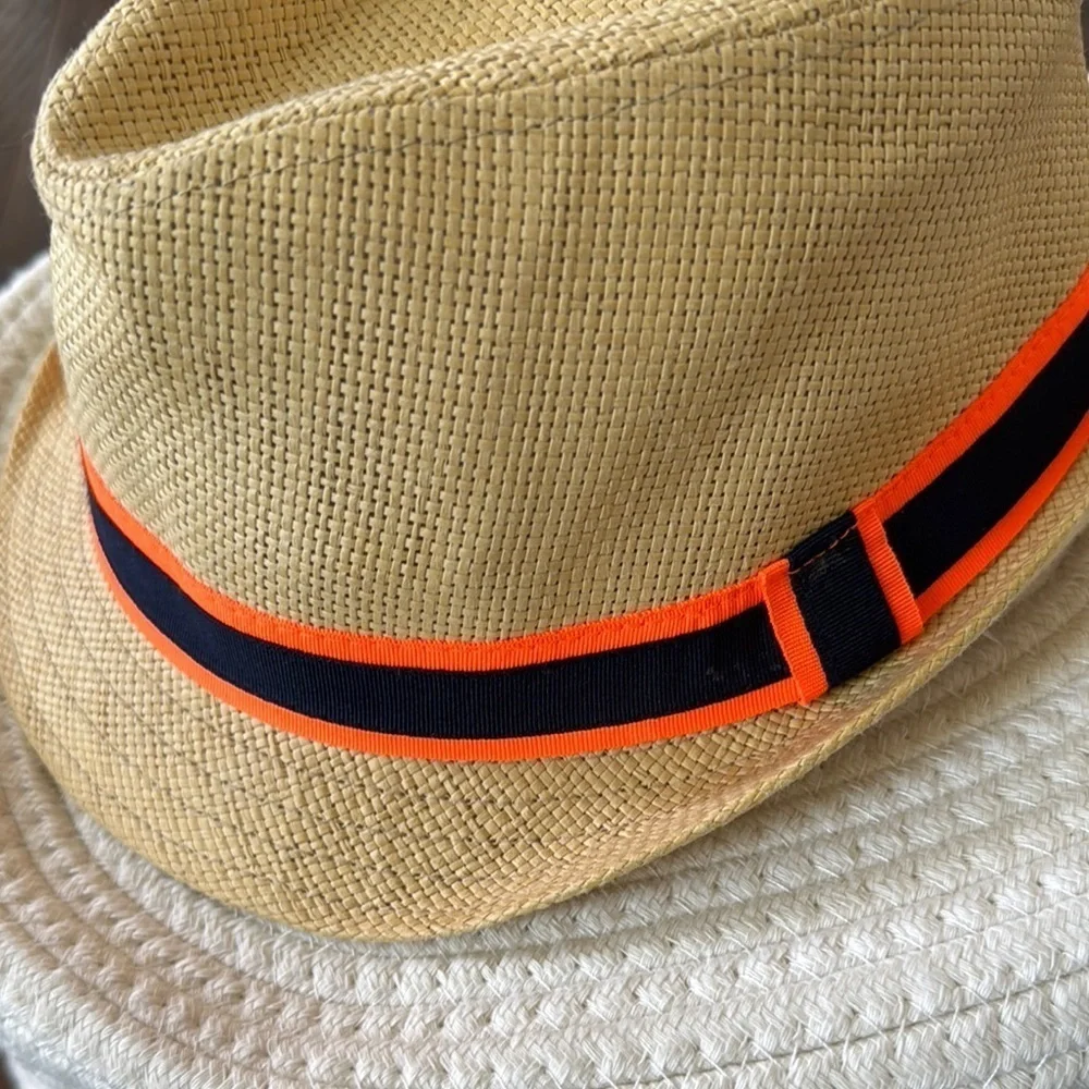 Tan Fedora Hat with Orange and Navy Band